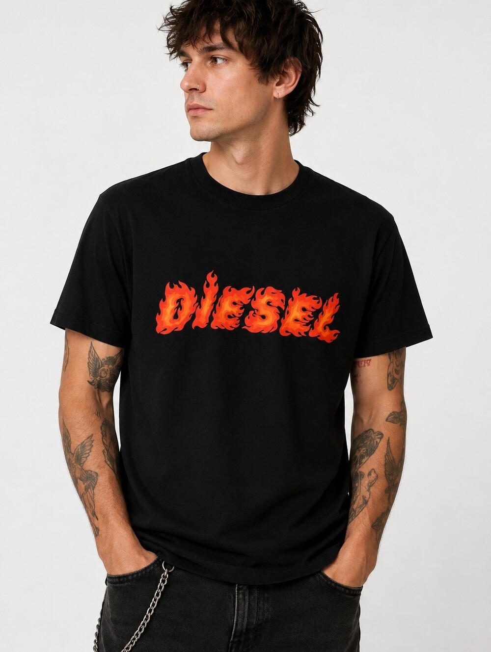 Diesel Black T-Shirt with Red-Orange Flame Logo